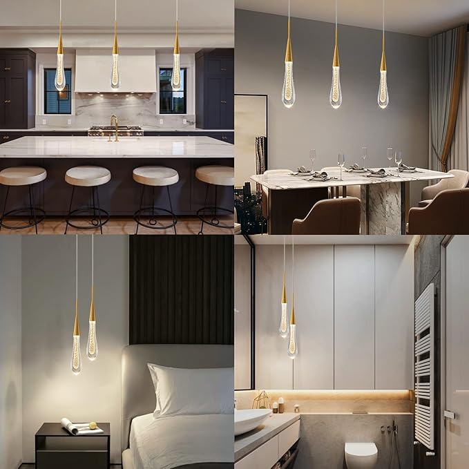LMQNINE Kitchen Light Fixtures Ceiling Dimmable LED Modern Gold Pendant Light Mini Teardrop Crystal Pendant Light for Kitchen Island Bedroom Hallway Entryway (3-Pack) (020-3)