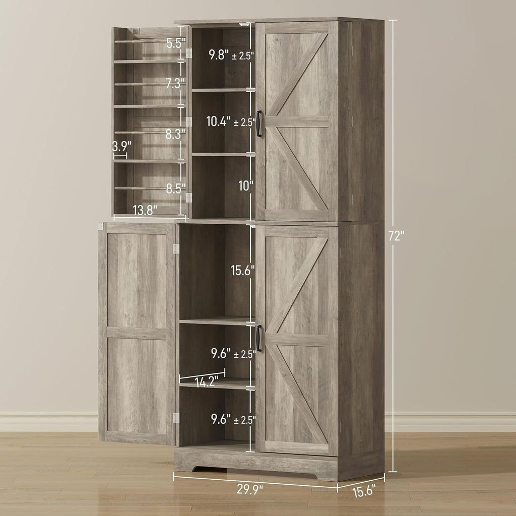 HOMCOM 72" Farmhouse Kitchen Pantry Cabinet, Freestanding Tall Storage Cabinet with 4 Barn Doors, 4 Adjustable Shelves and 8 Door Shelves, Gray Wash