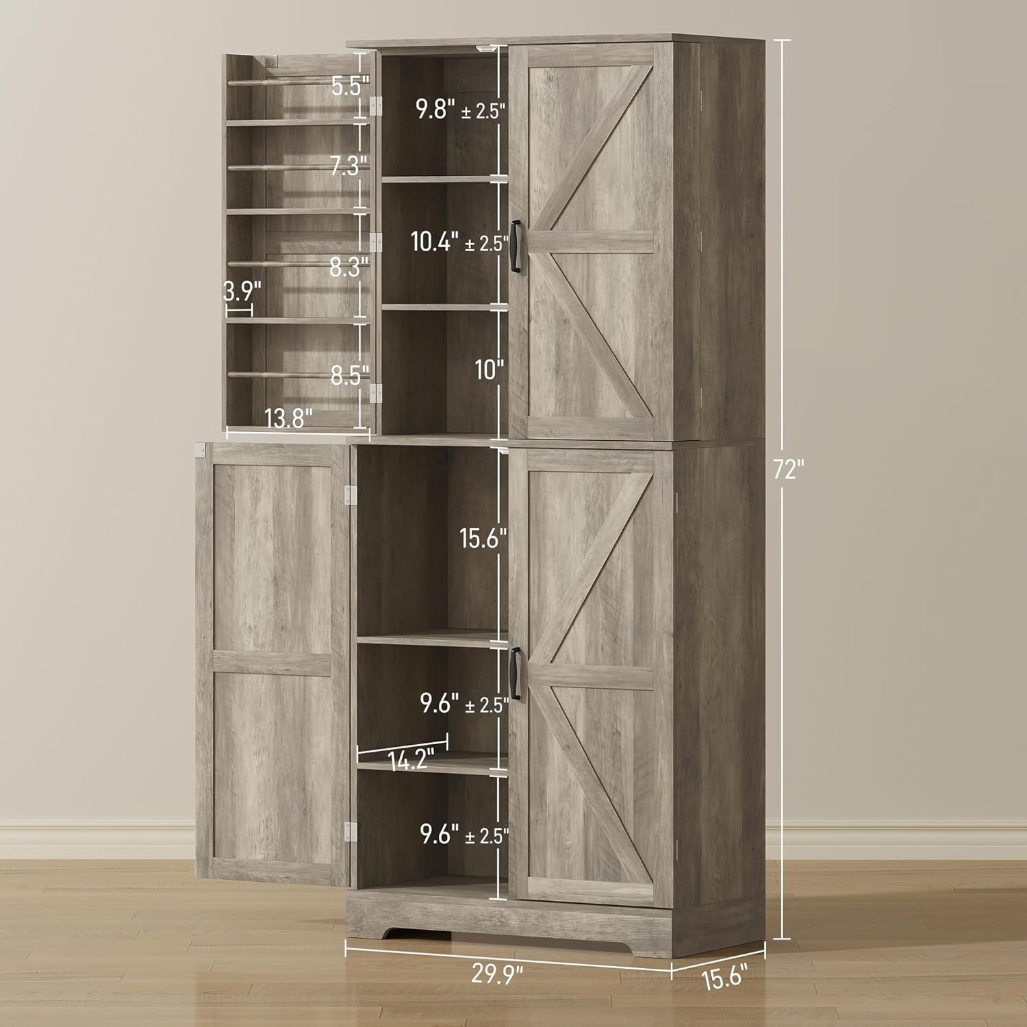 HOMCOM 72" Farmhouse Kitchen Pantry Cabinet, Freestanding Tall Storage Cabinet with 4 Barn Doors, 4 Adjustable Shelves and 8 Door Shelves, Gray Wash
