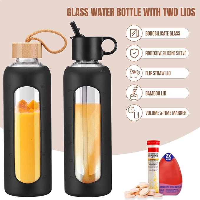 24oz Glass Water Bottle With 2 Lids-Flip Straw Lid, Bamboo Lid, Glass Water Bottle With Silicone Sleeve, Motivational Time Marker, Glass Juice Bottle for Cold Drink,Black