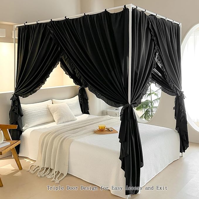 AIKASY Princess Canopy Bed Curtains with Top Ties - Windproof & Lightproof for Girls' Adult Bedroom Decor | Bed Canopy Drapes (Queen,Black)
