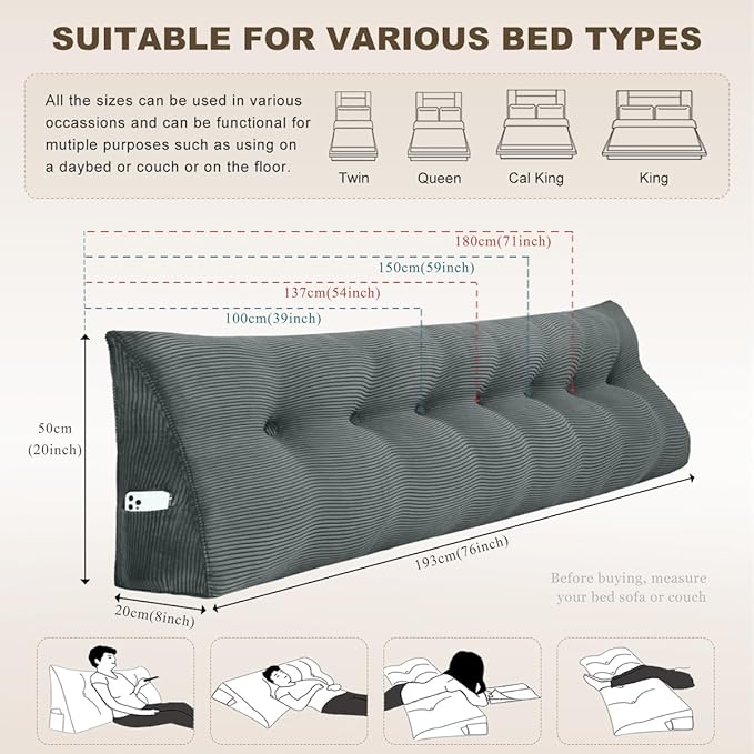 Headboard Pillow - Queen-Sized Headboard Wedge Pillow for Daybeds and Bunk Beds - Durable, Comfortable, with Removable Velvet Cover (Dark gray, 59x20x8Inches)