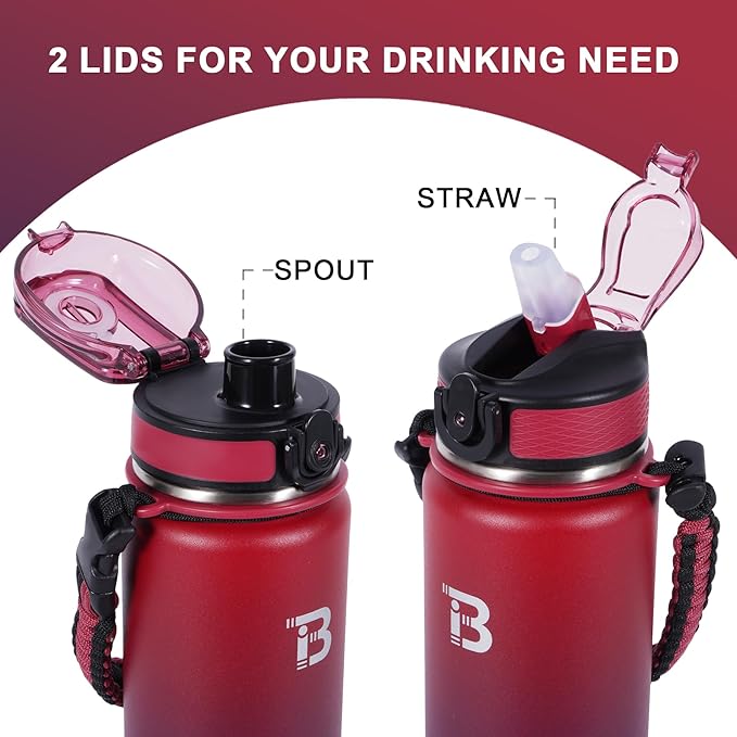 32oz Insulated Water Bottle with Straw Lid & Spout Lid & Paracord Handle, Stainless Steel Water Bottle Wide Mouth, Double Wall for Women Men Gym Fitness Outdoor