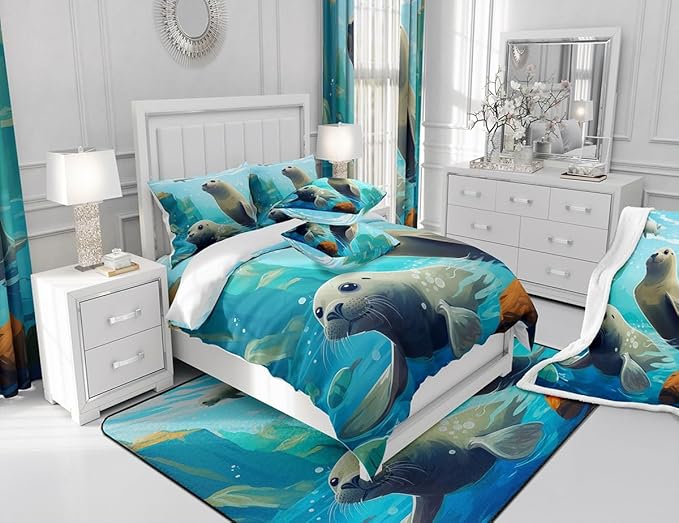 Feelyou Manatee Fabric Shower Curtain for Kids Boys Girls Cute Manatee Bathroom Waterproof Accessories with 12 Hooks Ocean Animal Shower Curtain Ocean Theme Curtains,72x72 Inches