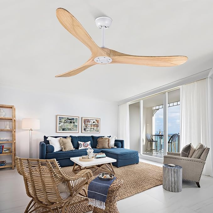 Bigzone 60" Modern Ceiling Fan No Light, Energy Efficient DC Motor, 3 Balsa Wood Blades, Wood Ceiling Fan With Remote Control,Reversible Blades