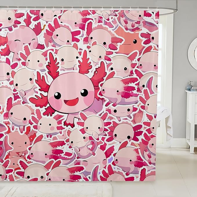 Feelyou Boys Girls Cute Axolotl Shower Curtain Ocean Sealife Bathroom Shower Curtain Set Kids Cartoon Salamander Bath Curtain Kawaii Teens Bathroom Accessories Room Decor 72"x84"
