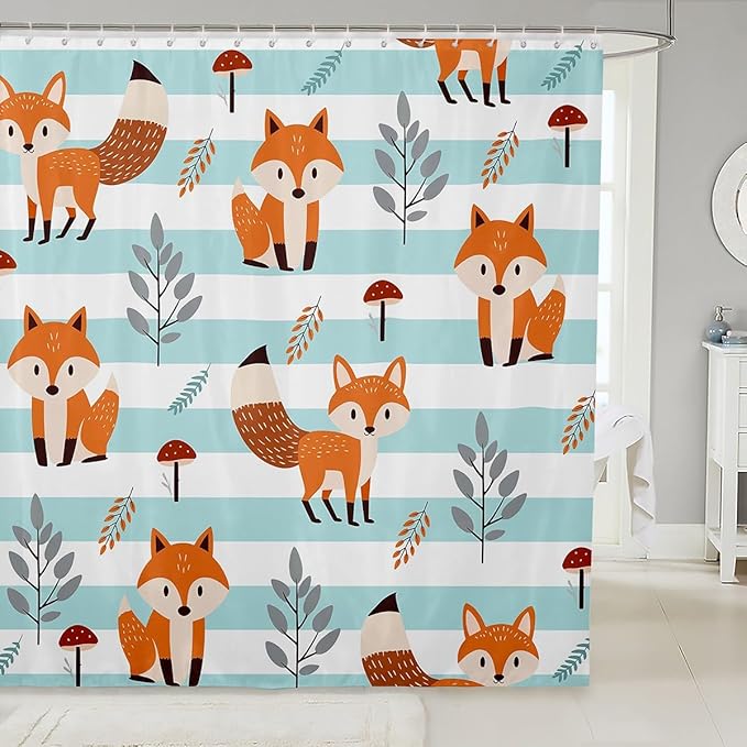 Feelyou Fox Bathroom Shower Curtain Set Cute Fox Bath Curtain Cartoon Fox Shower Curtain Fox Animal Kids Bathroom Accessories 72"x84"