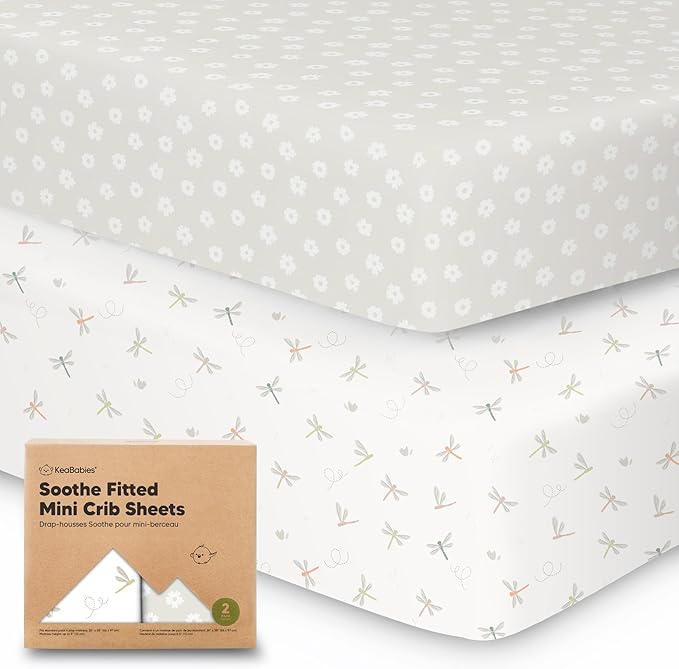 2-Pack Mini Crib Sheets Fitted, Pack and Play Sheets - Organic Cotton Pack N Play Sheets for Pack and Play Mattress, Playard Baby Crib Sheets, Jersey Crib Sheets Neutral for Boys, Girls (Meadow)