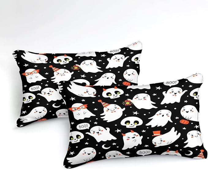 Bedbay Happy Halloween Comforter Set Queen Size Cartoon Ghost Horror Themed Bedding for Kids Boys Teen 4 Pcs Soft Microfiber Bedding Sets for All Season(Ghost,Queen)