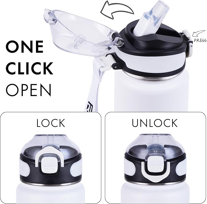 32 oz Insulated Water Bottle with Straw, Stainless Steel Metal Thermos Bottles, Durable Non-Slip Gradient Bottle with Strap for Sports and Travel, Leak Proof (White Matte)