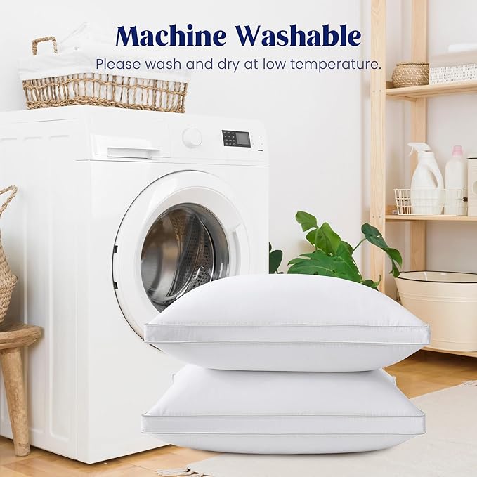 puredown® Feather Pillows with 100% Cotton Cover, Set of 2 Gusseted Bed Pillows with Silver Piping for Sleeping, Queen Size