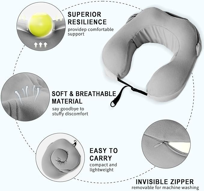 Travel Pillow with Hood for Airplane, 100% Pure Memory Foam Hooded Neck Pillow for Traveling, Car, Office, Soft, Machine Washable, Easy Storage, Gray