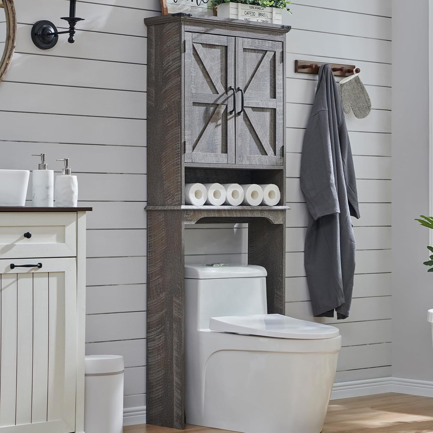 Over The Toilet Storage Cabinet, Farmhouse Bathroom Cabinet with Adjustable Shelf & Barn Door, 67" Tall Over The Toilet Shelf, Grey Wash