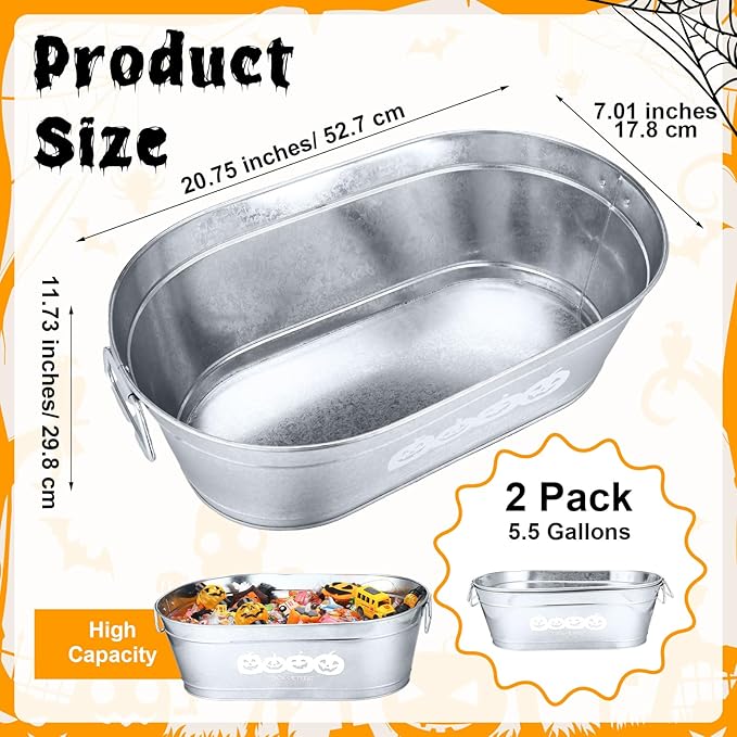 2 Pcs Halloween Pumpkin 5.5 Gallons Galvanized Beverage Stainless Steel Ice Buckets Tubs with Handles, Large Drink Wine Cooler Bins for Parties Farmhouse Garden Bar Christmas(Trick or Treat)