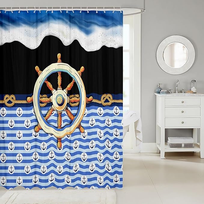 Feelyou Anchor Decor Shower Curtain 72"x84" Kids Nautical Bathroom Shower Curtain Set for Boys Girls Teens Black Blue Ocean Wave Bath Curtain Marine Theme Compass Print Bathroom Accessories