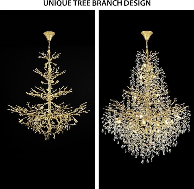 H65'' Gold Crystal High Ceilings Chandeliers Staircase Chandeliers Modern Crystal Tree Branch Chandelier, D48'' Foyer Chandelier for High Ceiling Luxury Large Living Room Chandelier, 27-Lights