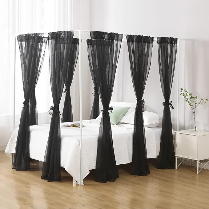 Chiffon Black Bed Canopy Queen Size, Gothic Style Girls Canopy Bed Curtains, 4 Post Bed Curtains for Adult Room Decor