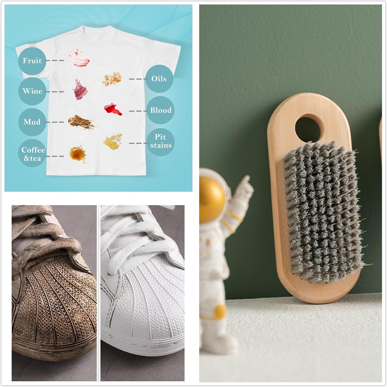 2 Pcs Wood Laundry Brush, Clothing Stain Remover Scrubber, Soft Bristle for Scrubbing Out Tough on Delicate, Easy to Grip Hand Washing Clothes