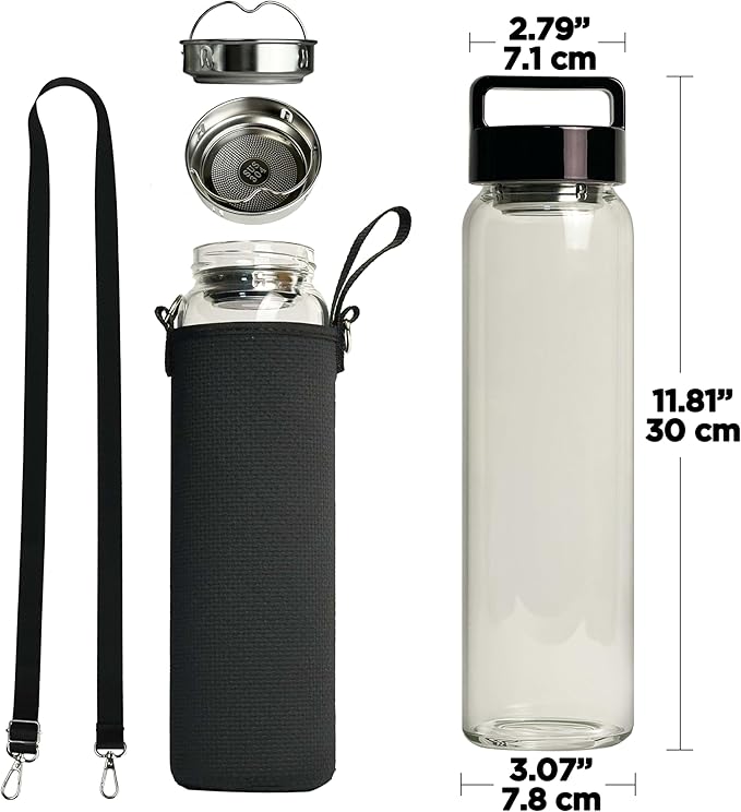 32 oz Clear Glass Water Bottle | Cold Brew Fruit Inufser Water Bottle (Black Lid)