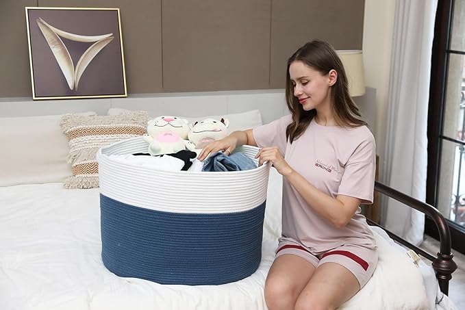 24" x 24" x 17" Max Size Large Cotton Rope Basket, Extra Large Storage Basket, Woven Laundry Hamper, Cloth Storage Bin, for Blankets Clothes Towels Pillows in Living Room, Dark Blue