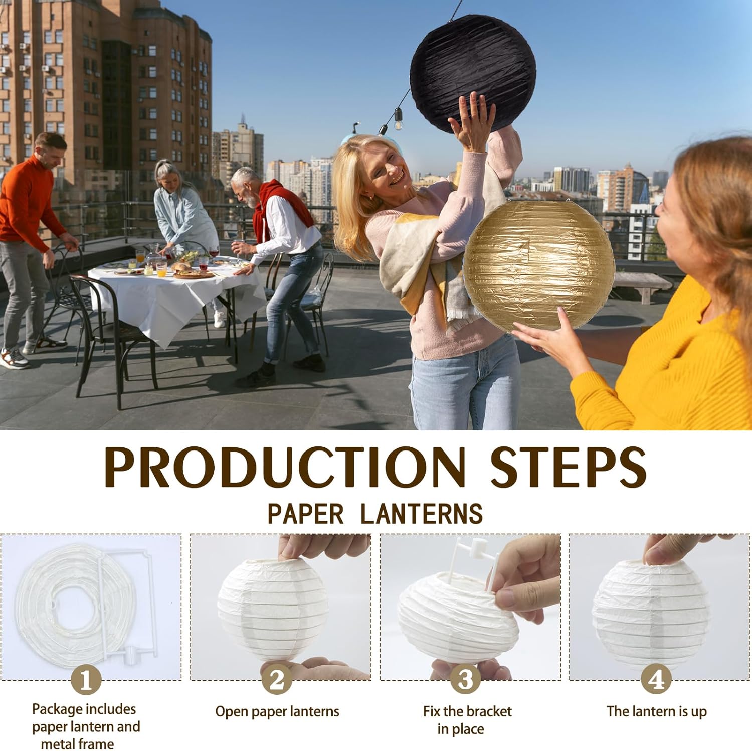 15pcs Paper Lanterns Black Gold Round Hanging Chinese Paper Lanterns 4" 6" 8" 10" 12" for Bachelorette Engagement Wedding Baby Bridal Birthday Party Decorations