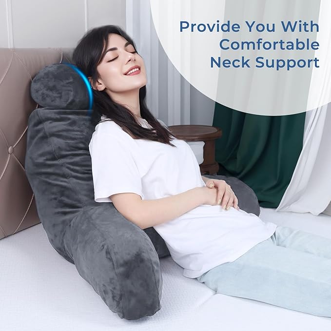 COOLBEBE Reading Pillow for Bed Backrest Pillow for Bed Sitting Up Adult with Arms Grey Back Support Pillow with Headrest & Pockets, Removable Washable Cover and Detachable Neck Roll(Large 27")
