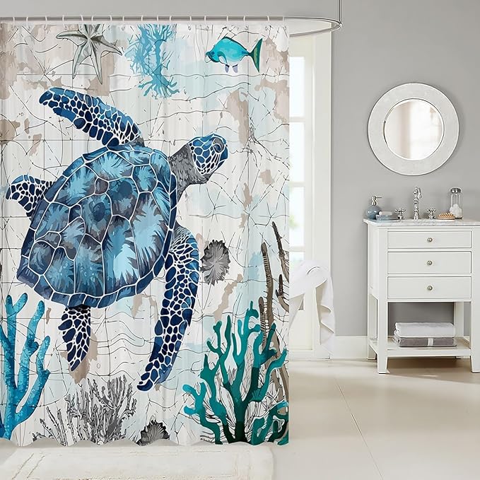 Feelyou Sea Turtle Shower Curtain Ocean Theme Fabric Shower Curtain for Kids Boys Girls Nautical Bathroom Waterproof Accessories with 12 Hooks Ocean Creature Curtains,72x78 Inches