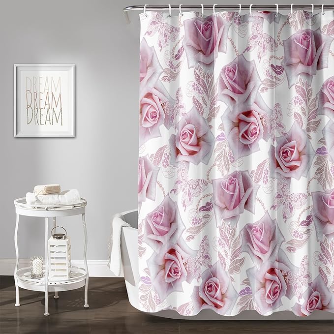 AILONEN Girls Rose Shower Curtain 72" W*72" H, Pink Rose Shower Curtain with 12 Hooks,Waterproof Floral Shower Curtain for Bathroom,Romantic Flower Pink Shower Curtain