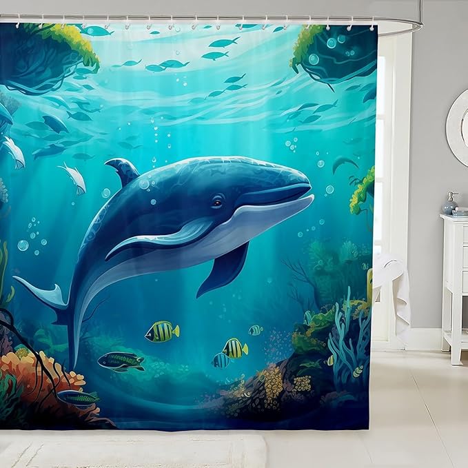 Feelyou Whale Shower Curtain Cute Whale Fabric Shower Curtain for Kids Boys Girls Blue Ocean Theme Bathroom Waterproof Accessories with 12 Hooks Ocean Animal Curtains,72x78 Inches