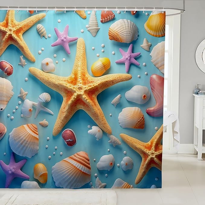 Feelyou Starfish Fabric Shower Curtain Seashell Shower Curtain for Teens Blue Ocean Bathroom Waterproof Accessories with 12 Hooks Summer Curtains,72x84 Inches