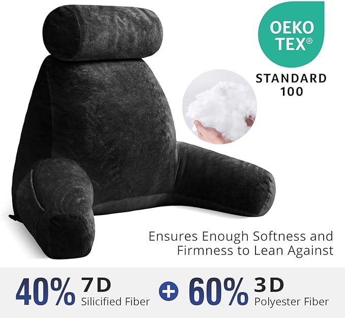 Sasttie Reading Pillow for Sitting in Bed Adult, Extra Large Back Pillow for Bed, Backrest Pillow with Detachable Head Support Cushion, College Dorm Essentials for Girls and Boys, Black