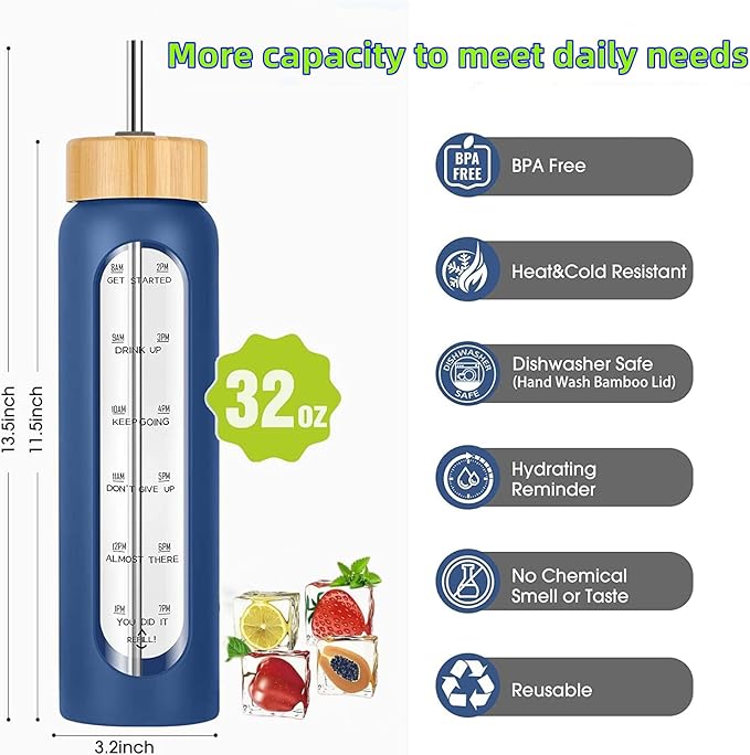 32 oz Glass Water Bottles with Straw - Motivational Glass Water Bottle with Time Marker & Silicone Sleeve(grey)
