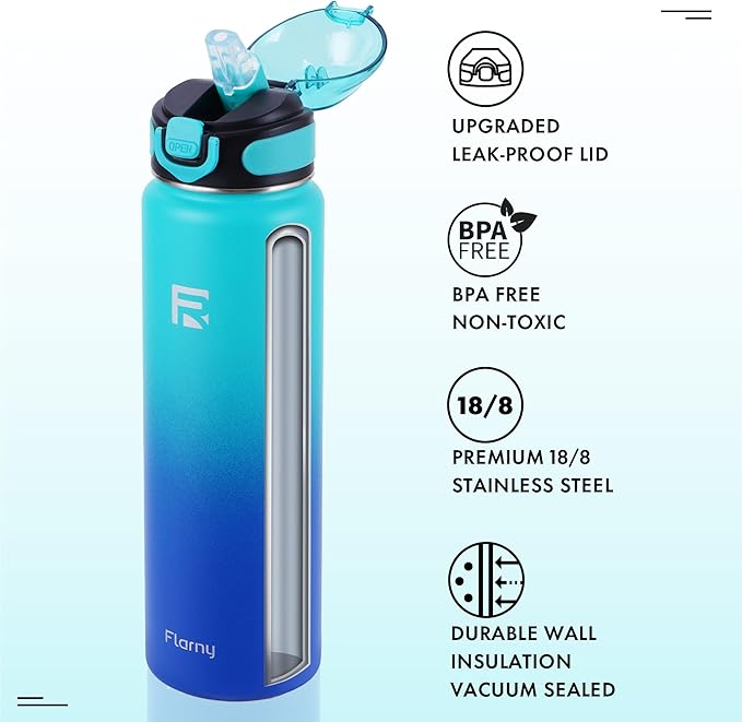 32 oz Insulated Water Bottle with Straw, Stainless Steel Metal Thermos Bottles, Durable Non-Slip Gradient Bottle with Strap for Sports and Travel, Leak Proof (Green Blue)