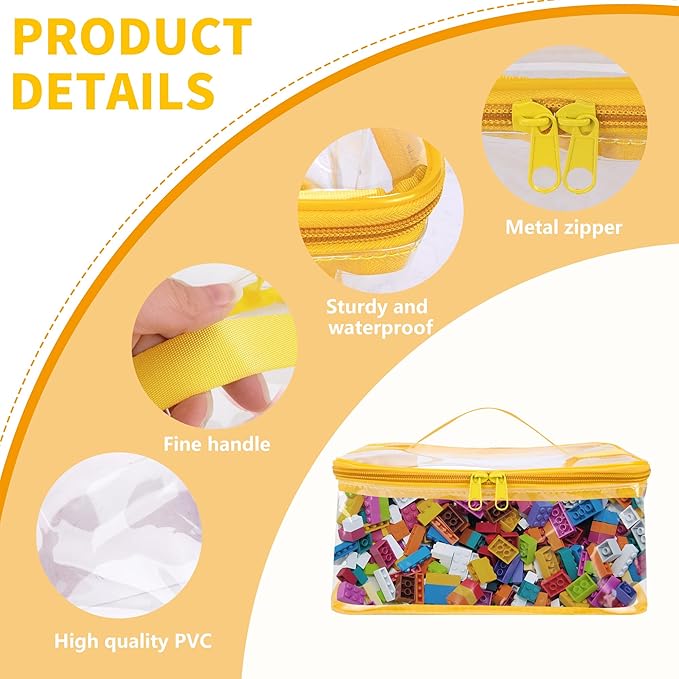 3 Packs Clear Toy Storage Bags- 9.4 x 6.7 x 4.3 Inch Transparent PVC Toy Organizing Bags with Zipper- Waterproof Toy Storage Organizer Pouch for Building Blocks, Small Toys (Yellow)