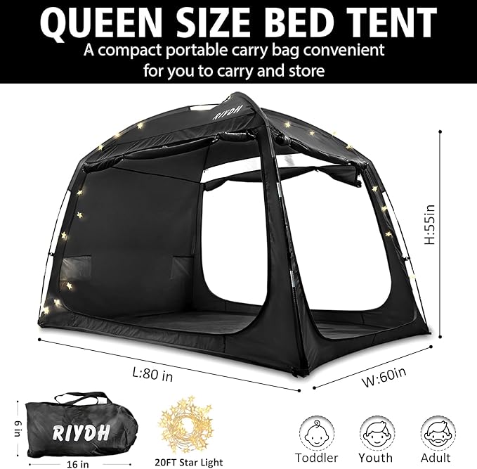 Bed Tent Bed Canopy Breathable 100% for Adult and Kids Light Reduction Sleeping Dream Tents Indoor Portable Big Space with String Light 3 Doors Twin Full Queen King Size