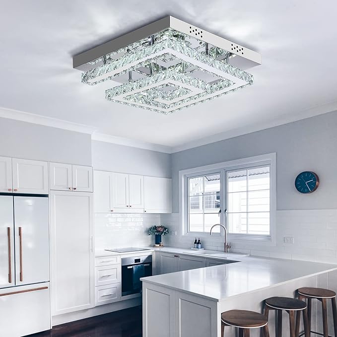 16" Modern Crystal Chandelier, Adjustable Led 3 Color Dimmable Ceiling Light 2 Layers Square Flush Mount Ceiling Lamp for Bedrooms Dining Rooms Living Room Kitchen Staircase Hallway(Dimmable)