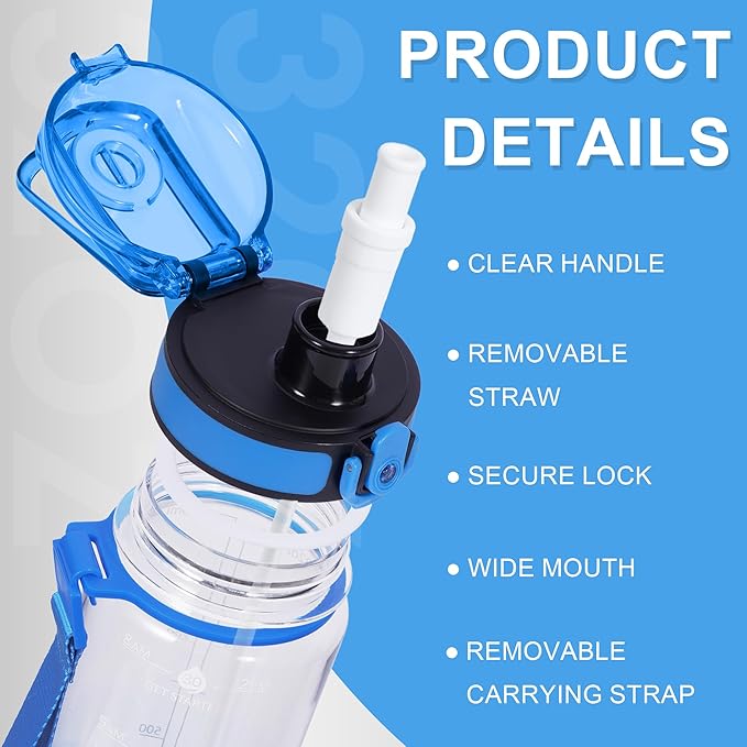 32 oz Water Bottle with Detachable Straw, Clear Motivational Water Bottles with Time to Drink, Tritan & BPA Free Sports Water Jug with Time Marker, Upgraded handle design