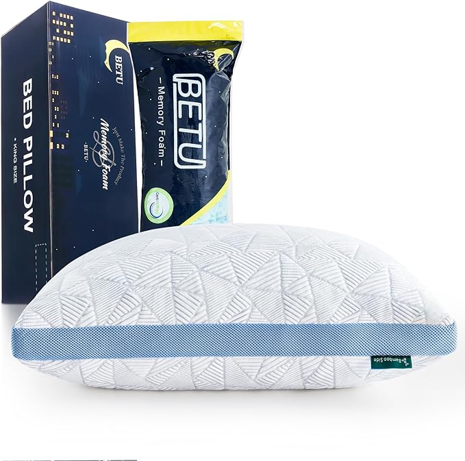BETU Cooling King Pillow, Shredded Memory Foam Cool Pillow for Hot Sleepers, Adjustable Firm Soft Support Bed Pillows Perfect for Back Neck Pain and Side Sleeping with Pillow Case Cover, Blue