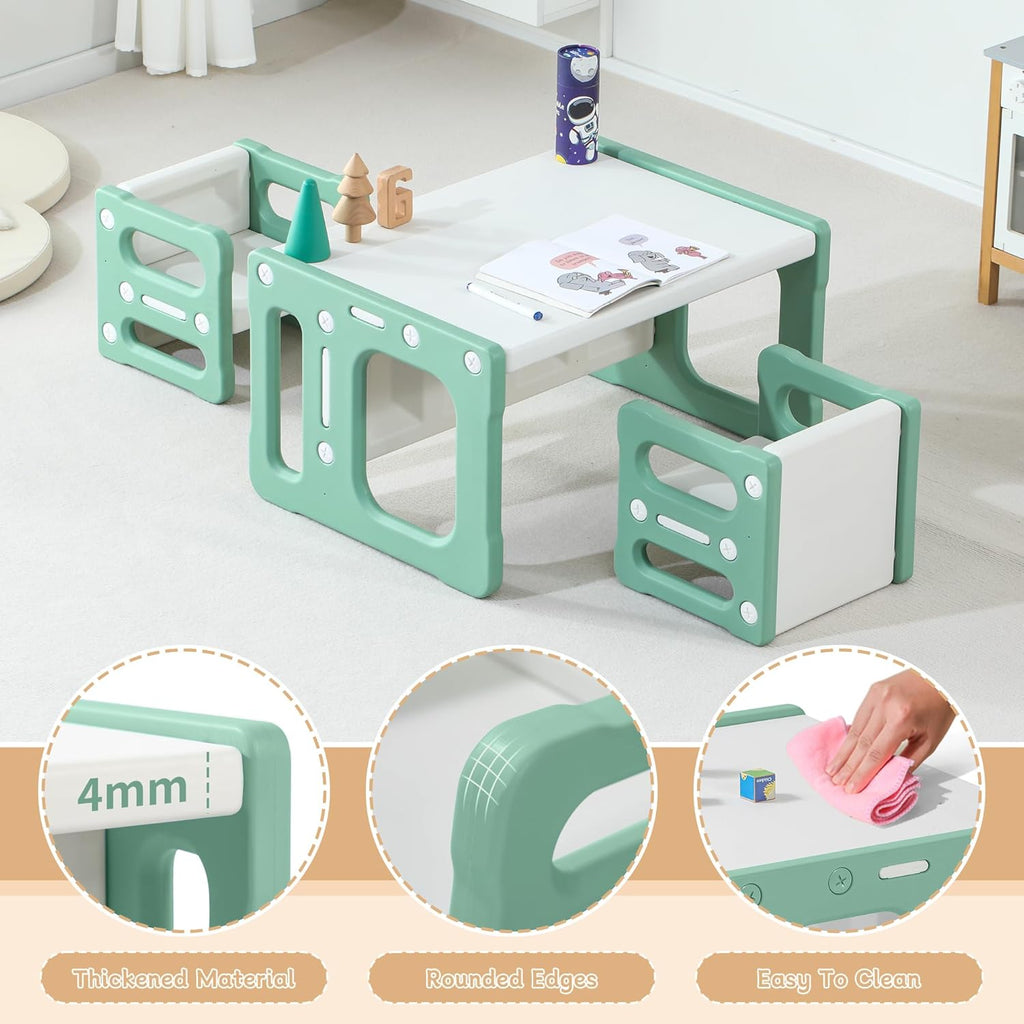 3 in 1 Montessori Weaning Table and 2 Chairs Set, Kids Activity Table Set, 2 Height Levels, Toddlers Activity Table for Drawing, Dining, Reading and Playing, Green