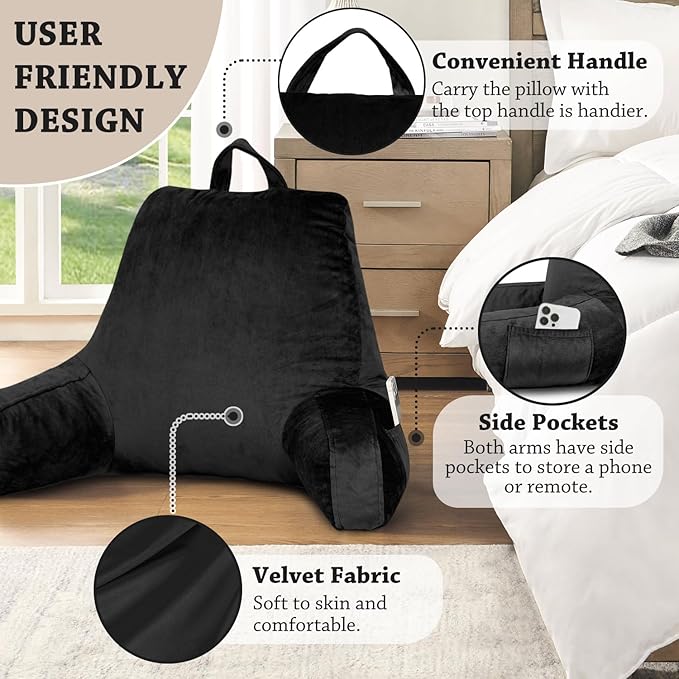LOVTEX Reading Pillow with Removable Cover, Back Pillow for Sitting Up in Bed with Arms and Pockets, Bed Rest Pillow Adult, 20 x 15 Inches(Black)