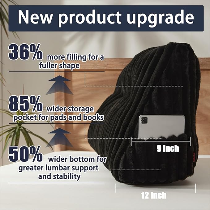 Faux Fur Headboard Pillow with 2 Pack Neck Roll Pillow Large Headboard Pillow Soft and Supportive with Removable Cover (Black, King)