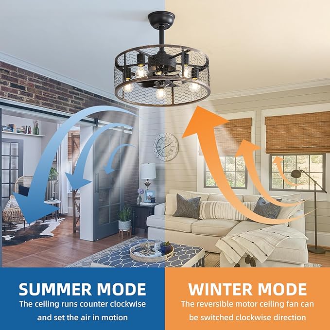 20" Caged Ceiling Fans with Lights and Remote & APP Control,E26 2700K Warm Lighting,6 Wind Speeds with Reverse Mode.Retro Chandeliers for Dining Room with Fan (Black)