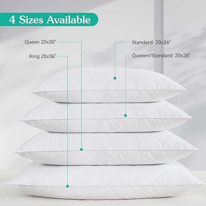 Three Geese White Goose Feather Bed Pillows Queen Size Set of 2- Soft 600 Thread Count 100% Cotton, Medium Firm,Soft Support Surround Fill Polyester (Queen Size:Pack of 2)