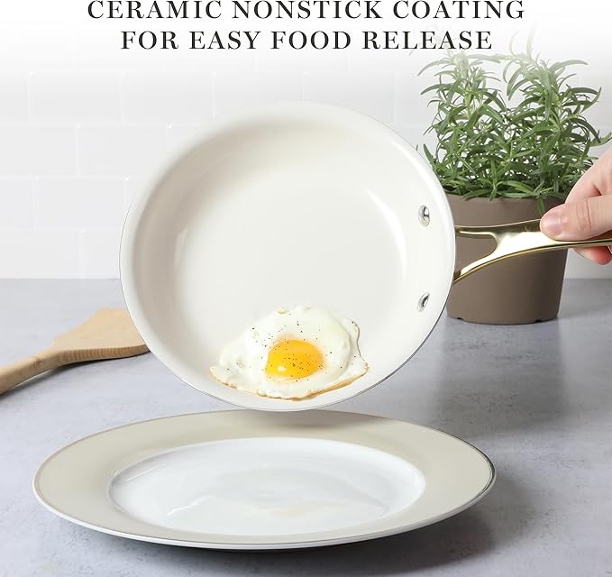 Martha Stewart Galway Premium Nonstick PFA Free Ceramic Interior 10 Piece Heavy Gauge Enamel Aluminum Pots and Pans Cookware Set W/Aluminum Lids - Sage Green W/Gold Handle