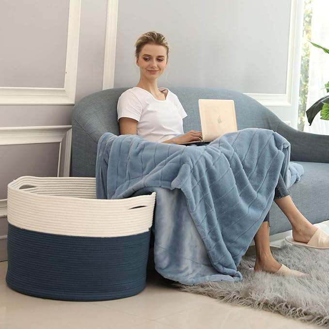 22" x 22" x 16" Mega Size Extra Large Storage Basket, Cotton Rope Storage Baskets, Woven Laundry Hamper, Cloth Storage Bin, for Clothes Towel Blanket Basket in Living Room, Dark Blue