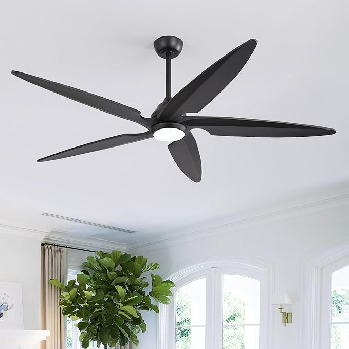 54 Inch Modern Ceiling Fan with Lights and Remote, 5 Wood Blades, 6-Speed Noiseless Reversible DC Motor with Replaceable Downrods for Bedroom Living Room Dining Room, Black