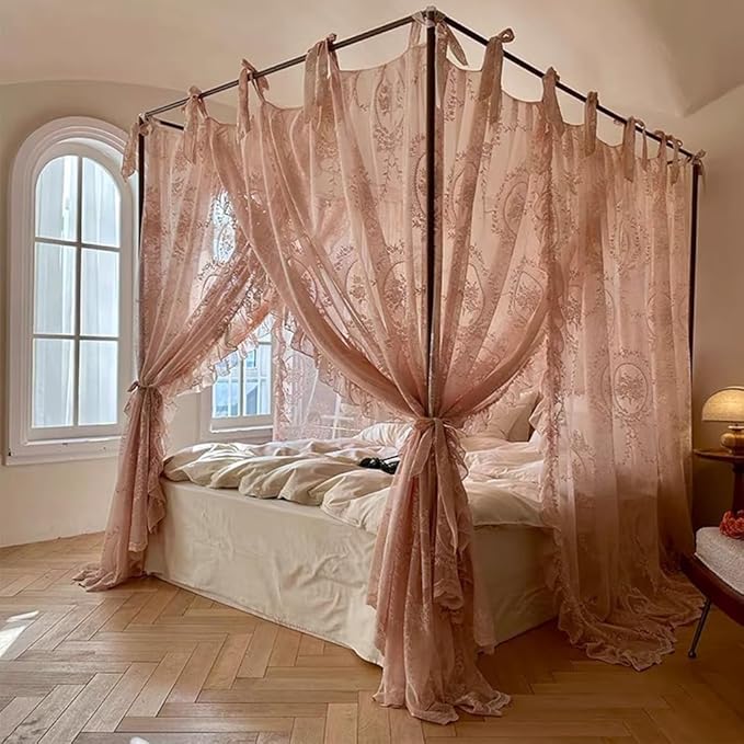 Elegant Lace Princess 4 Corner Post Mosquito Net Romantic for Girls Women Bed Curtain Canopy for Adult Wedding Bedroom Kids Rooms Decoration (Color-B, Queen)