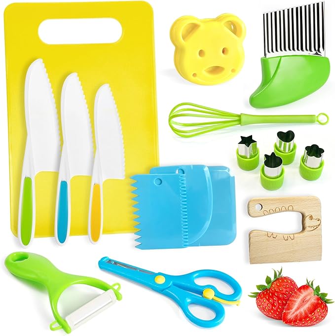 17 Pcs Montessori Kitchen Tools for Toddlers Kids Cooking Sets Safe Knife Set for Real Cooking Include Toddler Knives Cutting Boards Bear Sandwich Cutters Whisk Scissors for Birthday