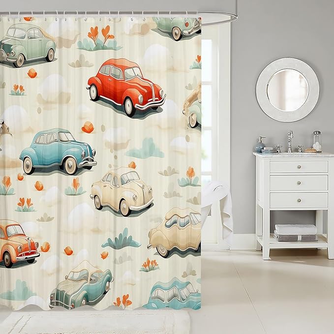 Feelyou Cartoon Car Fabric Shower Curtain for Kids Boys Girls Vintage Retro Car Bathroom Waterproof Accessories with 12 Hooks Colorful Shower Curtain Car Curtains,72x78 Inches