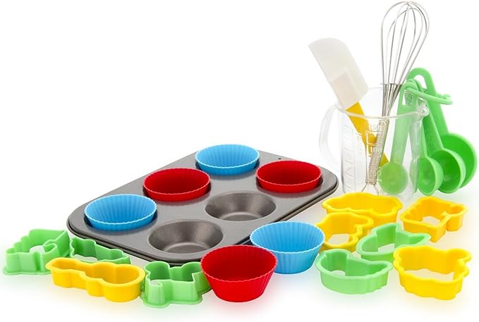 Boxiki Kitchen 24 PCS Kids Baking Set Includes 1 Muffin Pan, 6 Silicone Cupcake Liners, 10 Cookie Cutters, Spatula, Egg Whisk, Mini Measuring Cup and 4 Measuring Spoons.